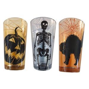 Halloween Town Spooky  Prints 6"h Colored Glass Tumblers Set of 3 NWT